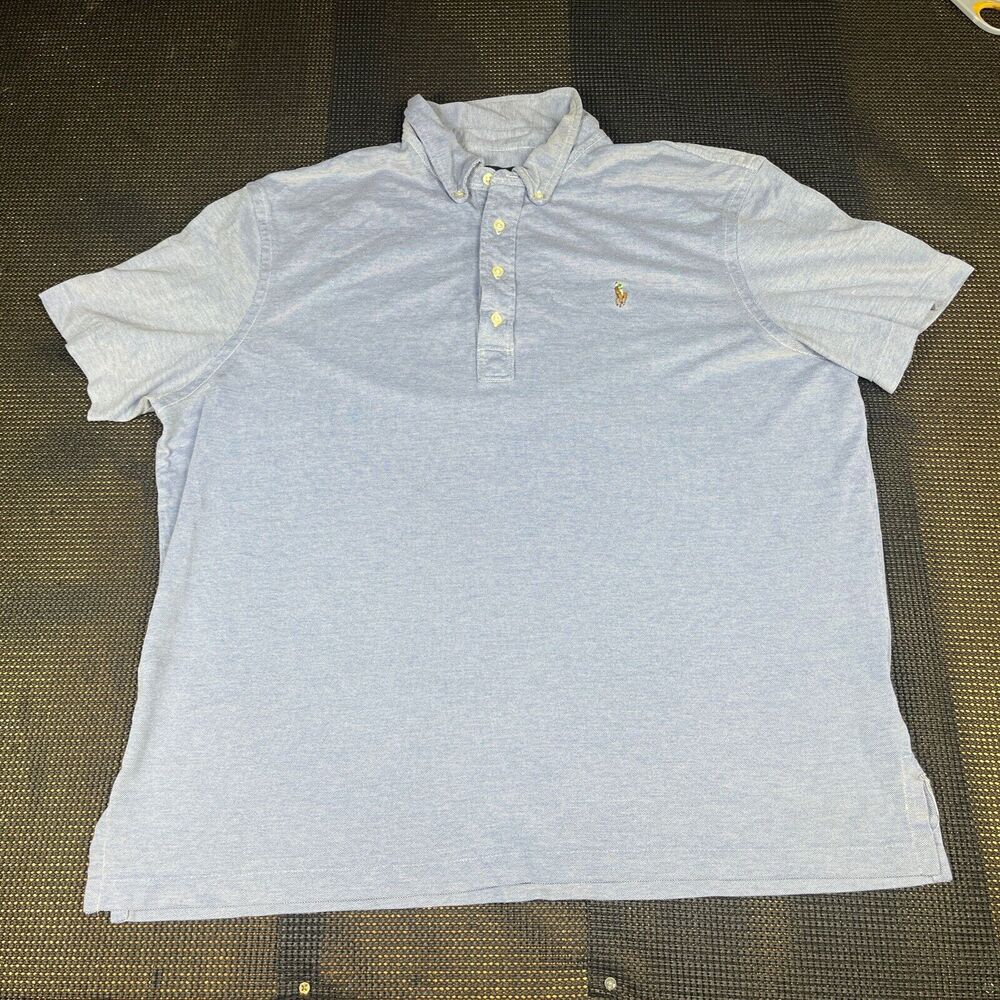 Ralph‎ Lauren Mens Golf Shirt XL Solid Blue Knit Oxford Short Sleeve Classic